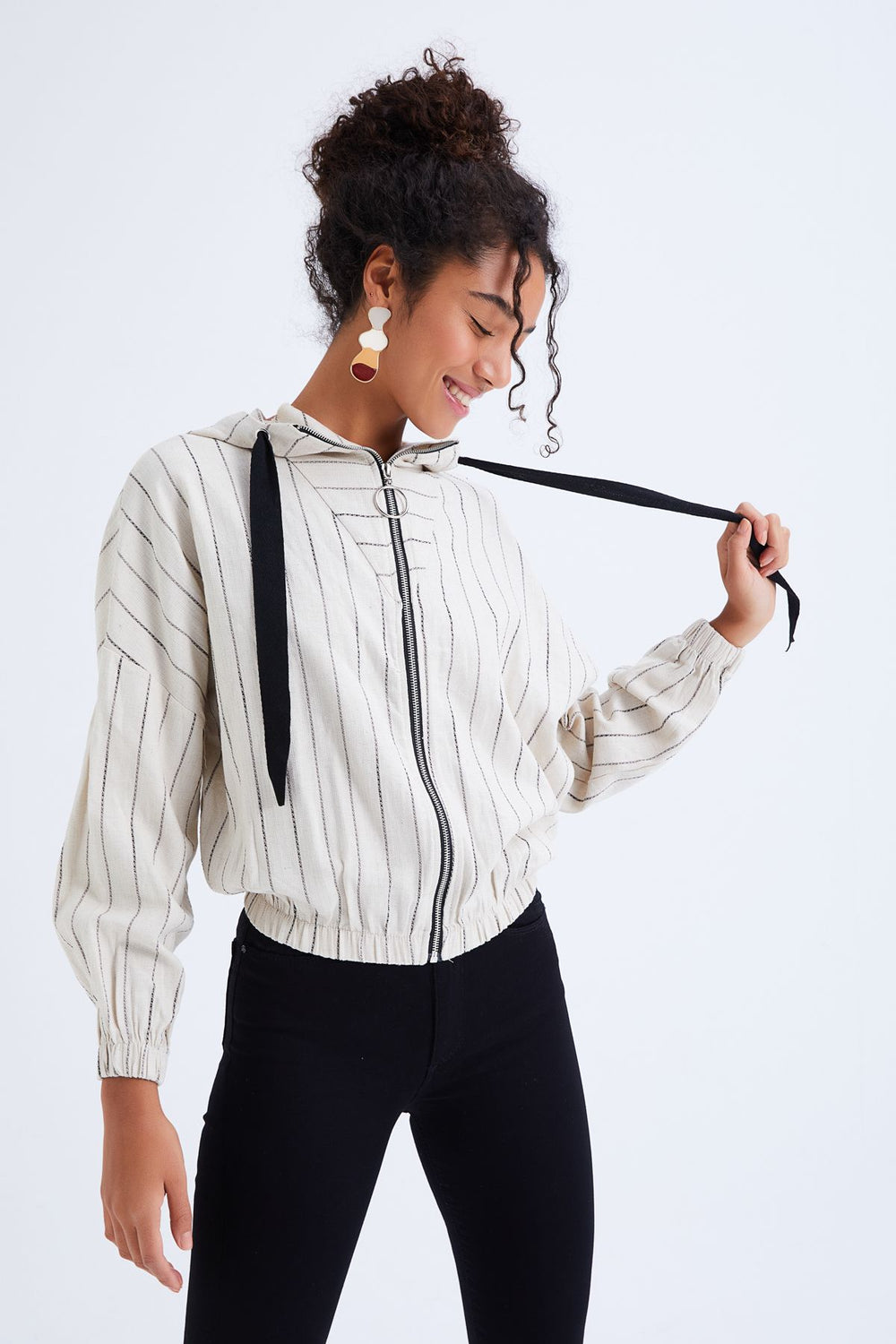 Fermuarlı Mevsimlik Keten Ceket Kemik