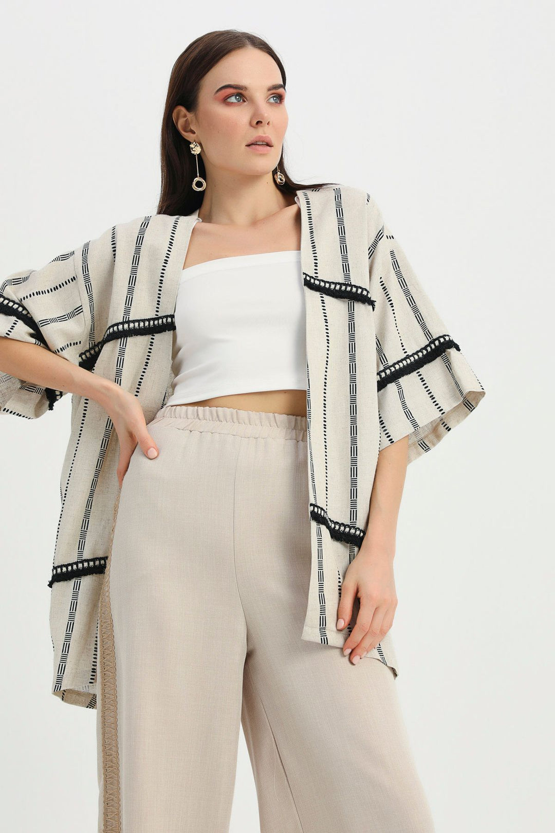 Desenli Şerit Detaylı Keten Kimono Naturel