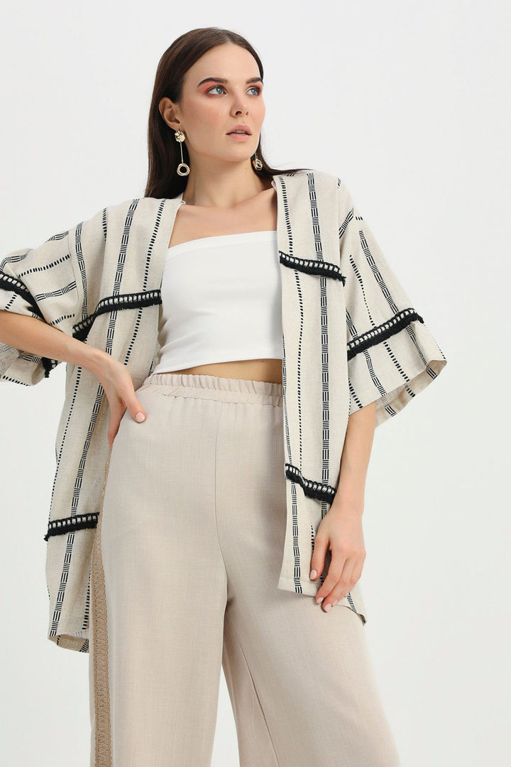 Desenli Şerit Detaylı Keten Kimono Naturel