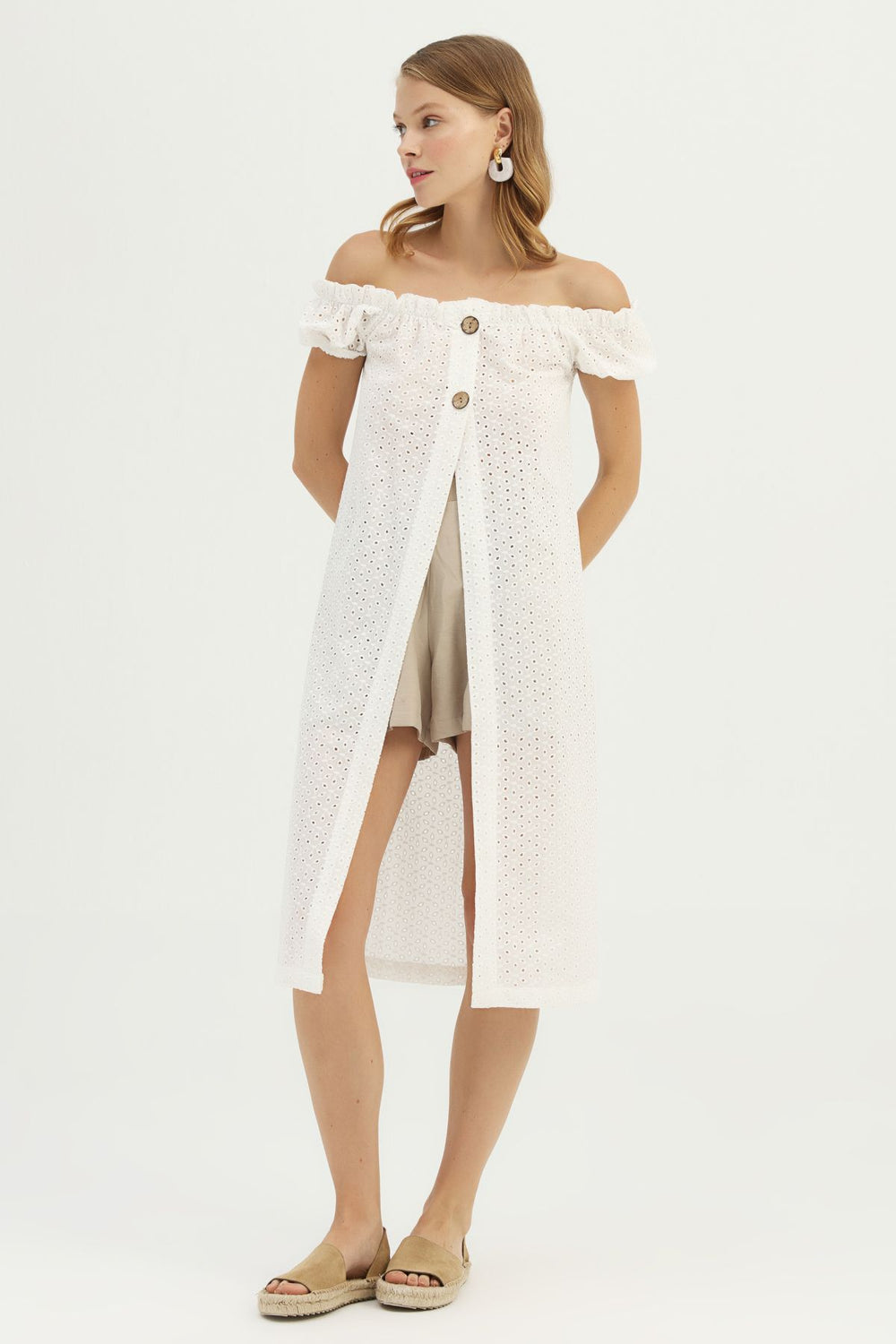 Button Detailed Guipure Long Blouse White