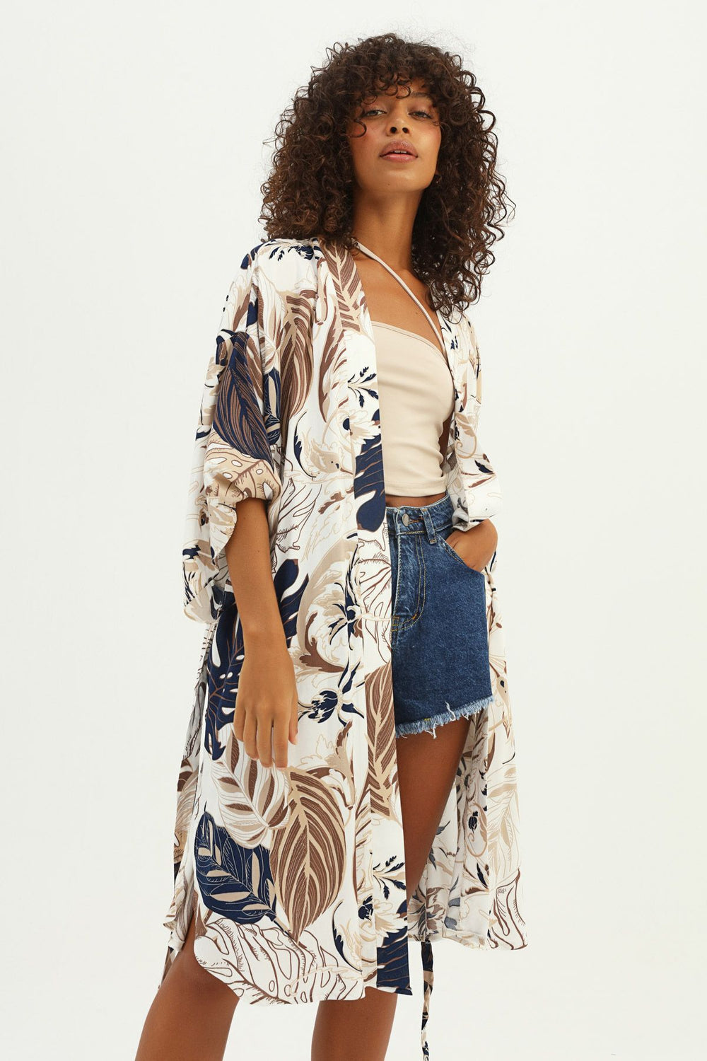 Patterned Tie Waist Kimono Brown