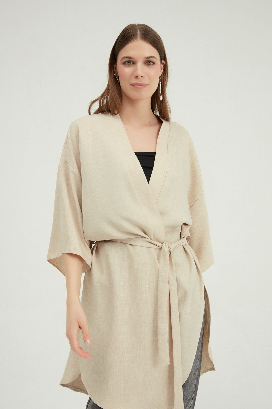 Three Quarter Sleeve Tie Kimono Beige