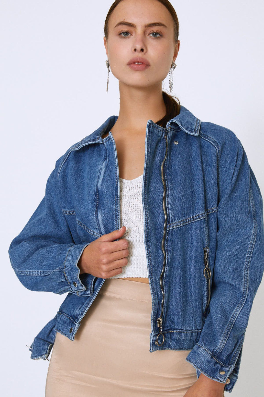 Belt Detailed Zippered Denim Jacket Blue