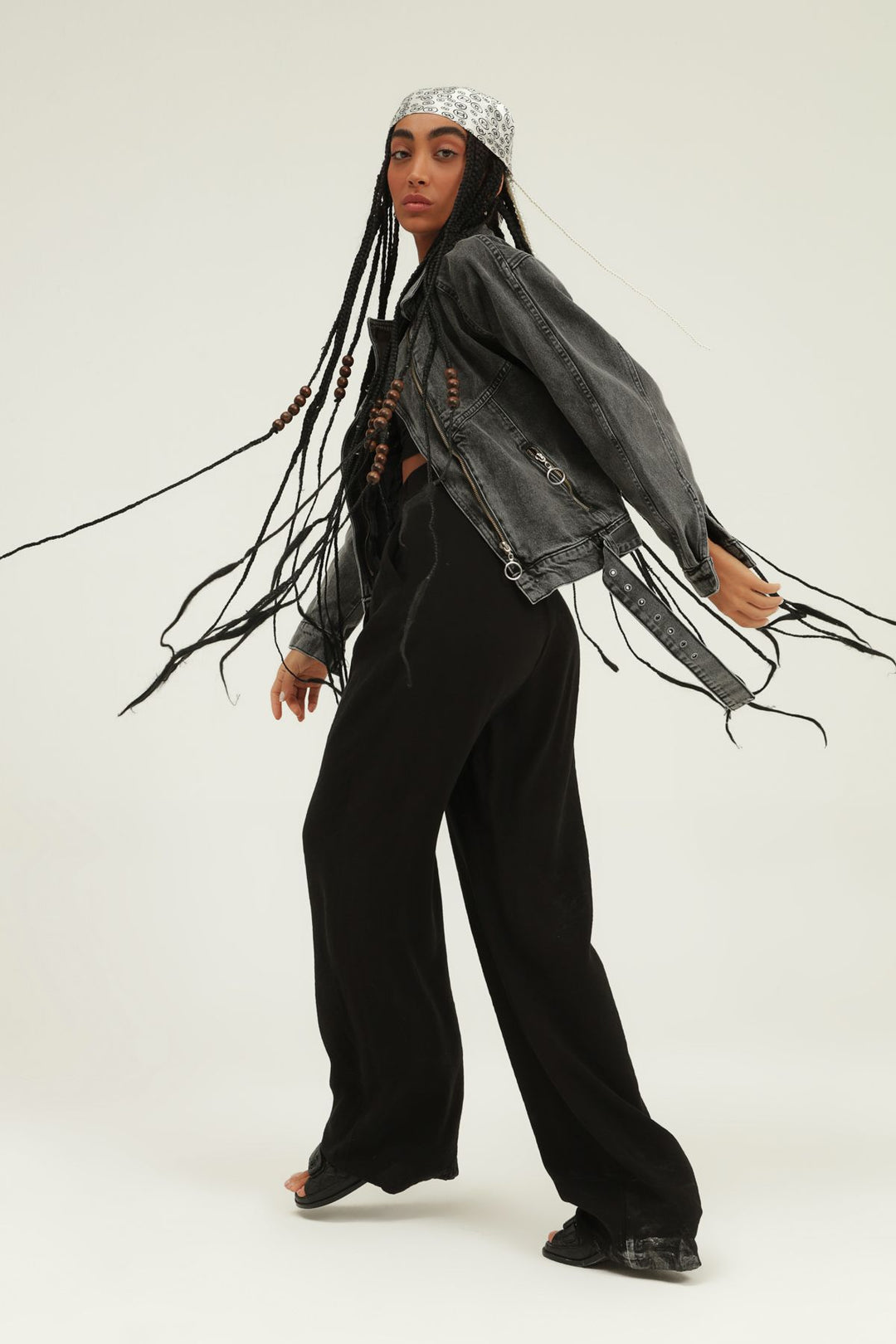 Belt Detailed Zippered Denim Jacket Gray