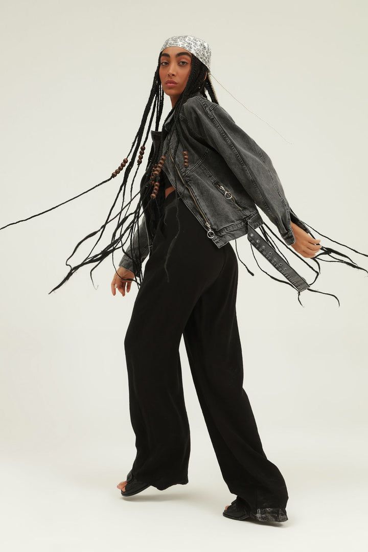 Belt Detailed Zippered Denim Jacket Gray