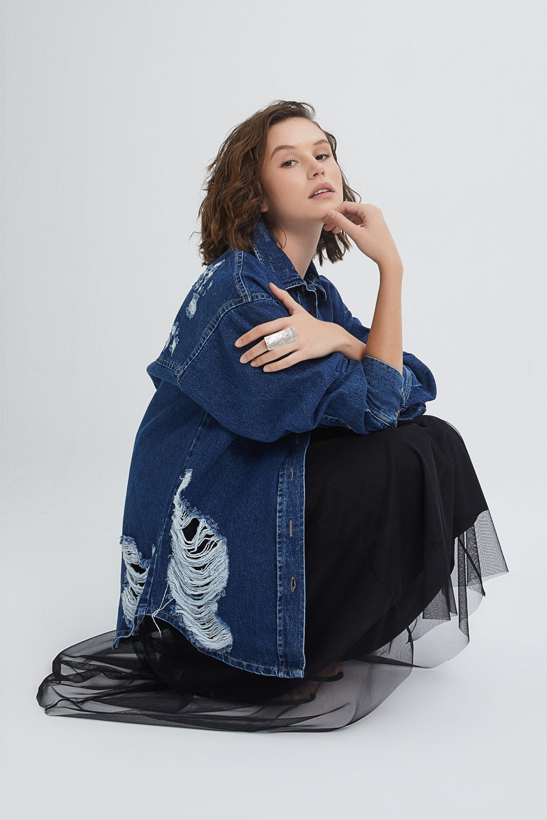 Kemer Detaylı Uzun Kot Ceket Mavi