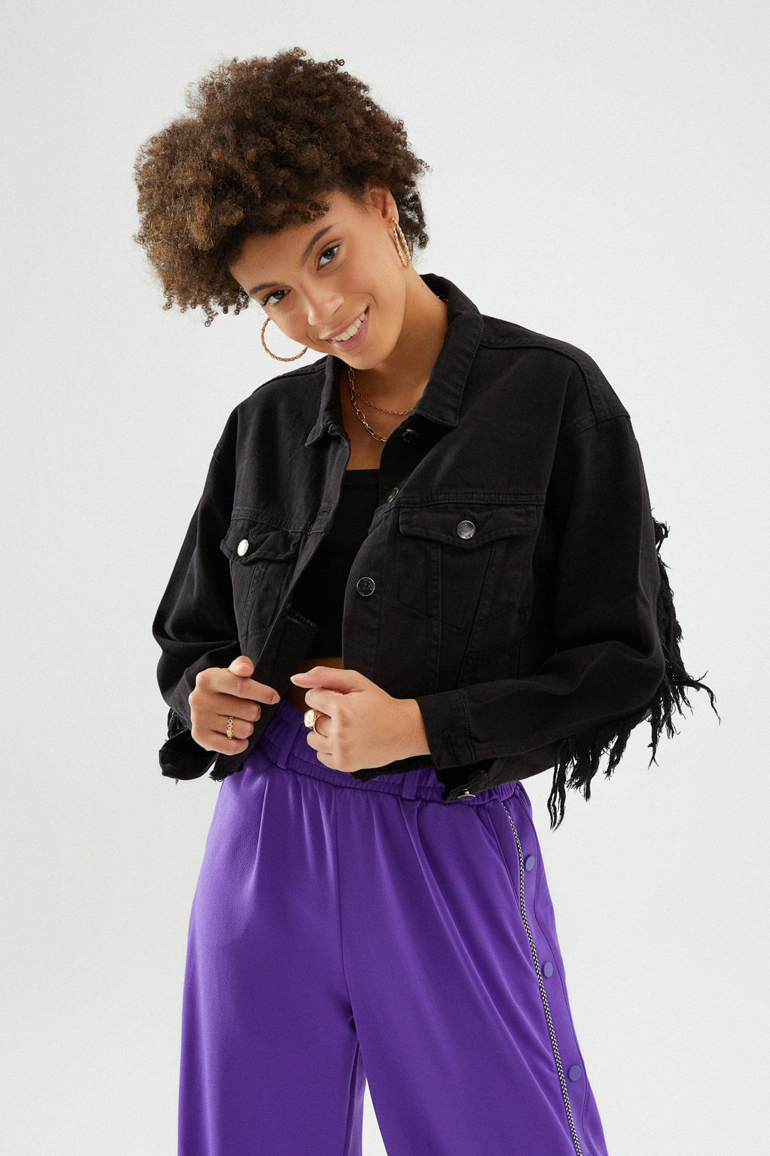 Kolları Püskül Detaylı Kot Ceket Siyah