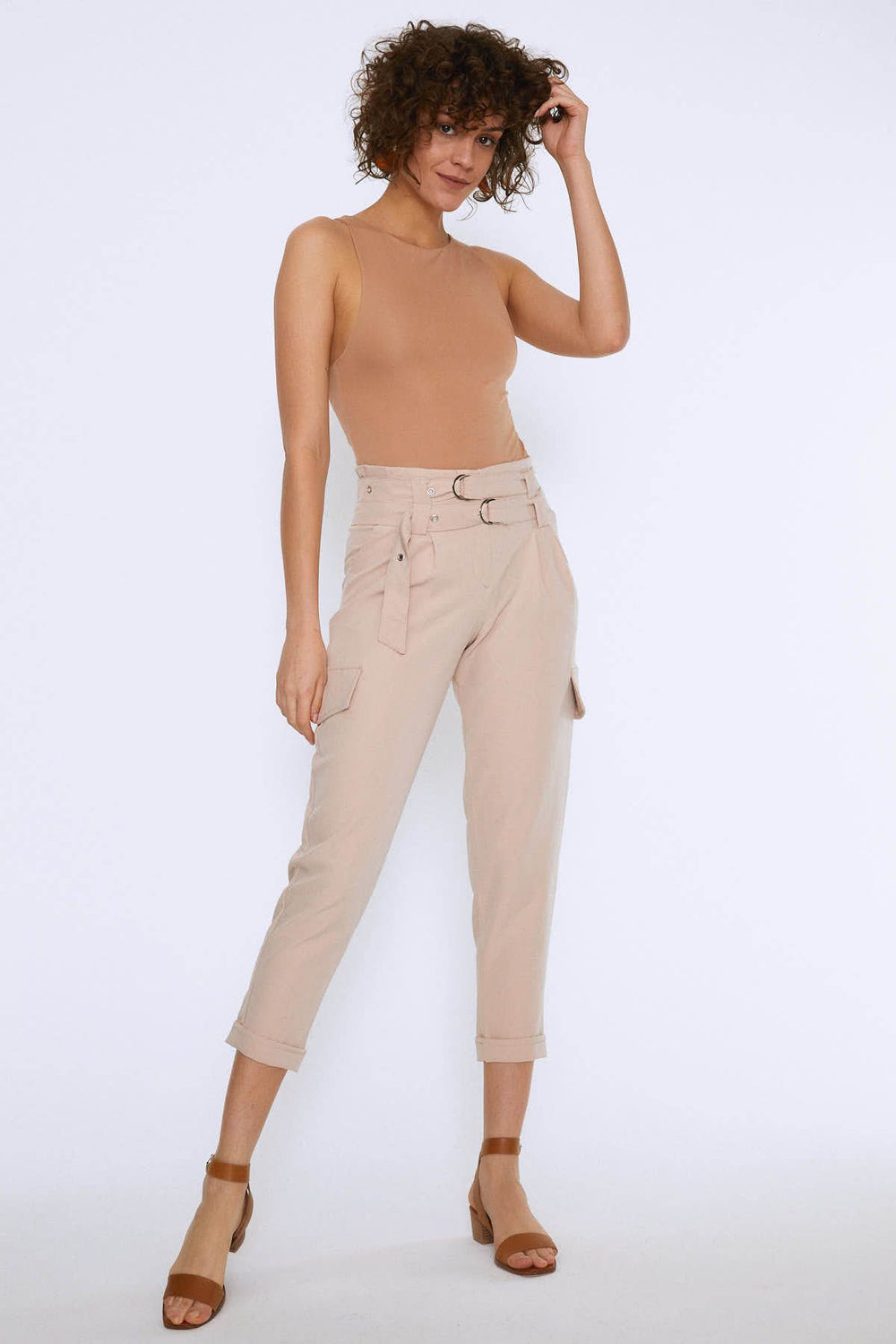 Belted Cargo Pocket Trousers Beige