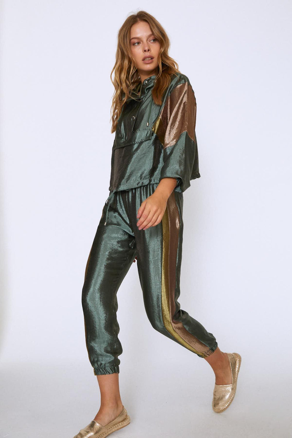 Shiny Striped Jogger Pants Khaki