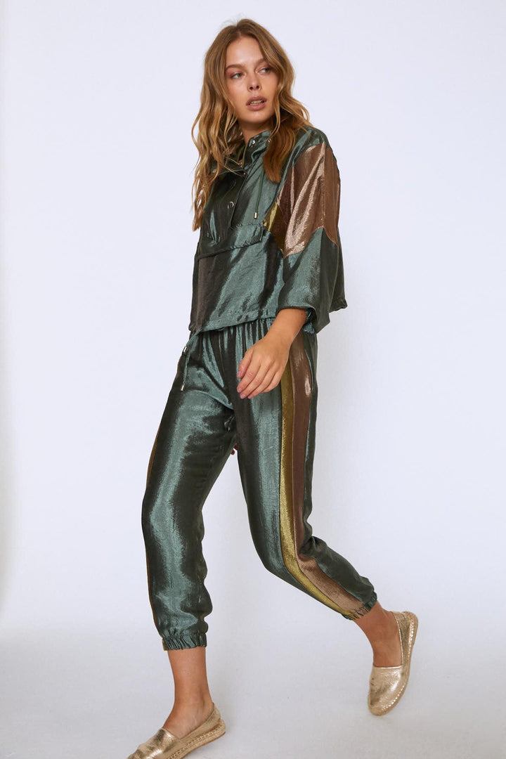 Shiny Striped Jogger Pants Khaki