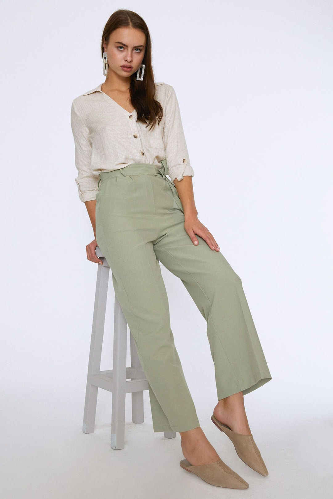 Tie Waist Wide Leg Trousers Mint