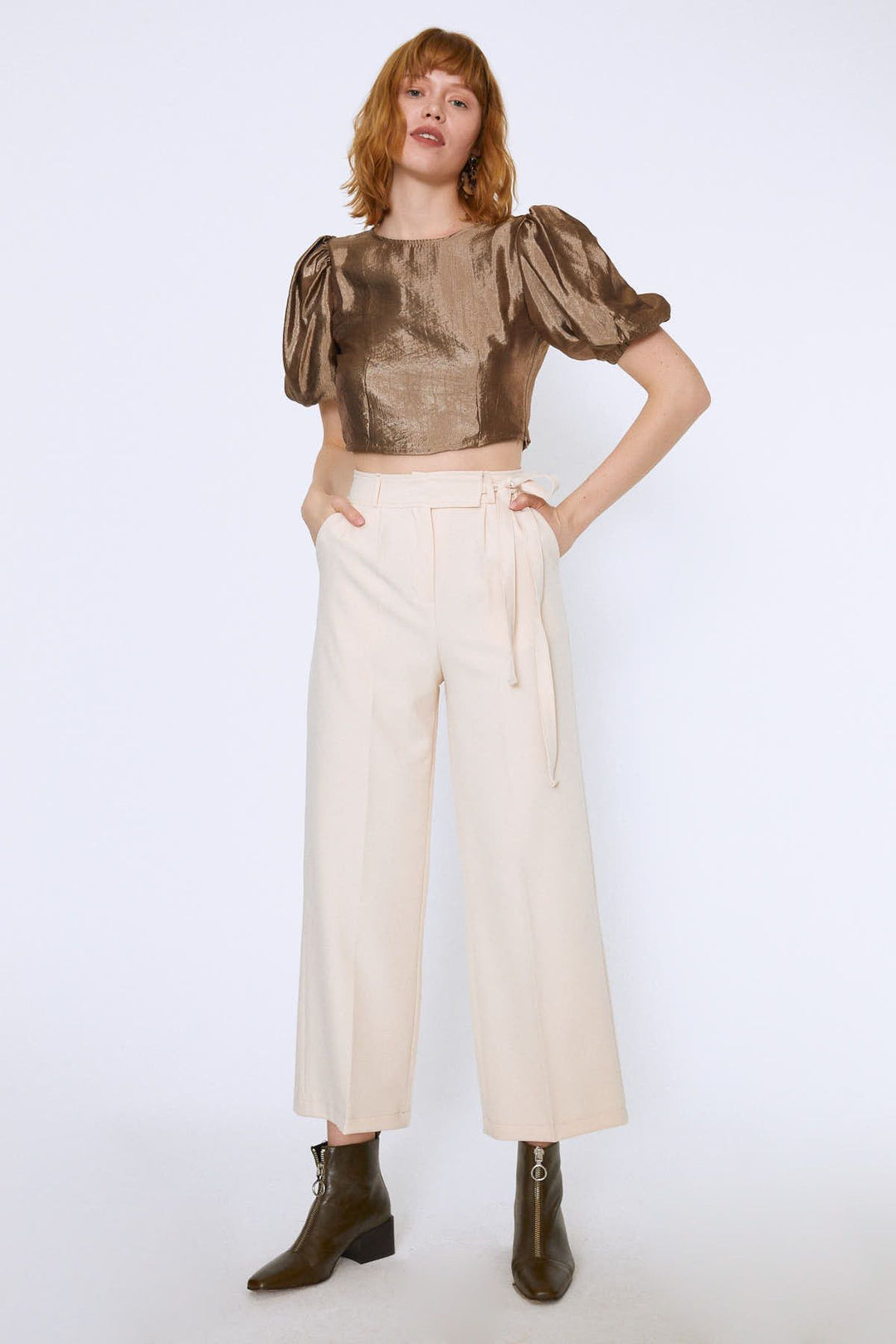 Tie Waist Wide Leg Trousers Bone