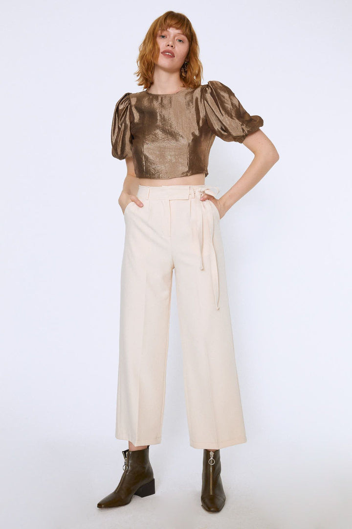Tie Waist Wide Leg Trousers Bone