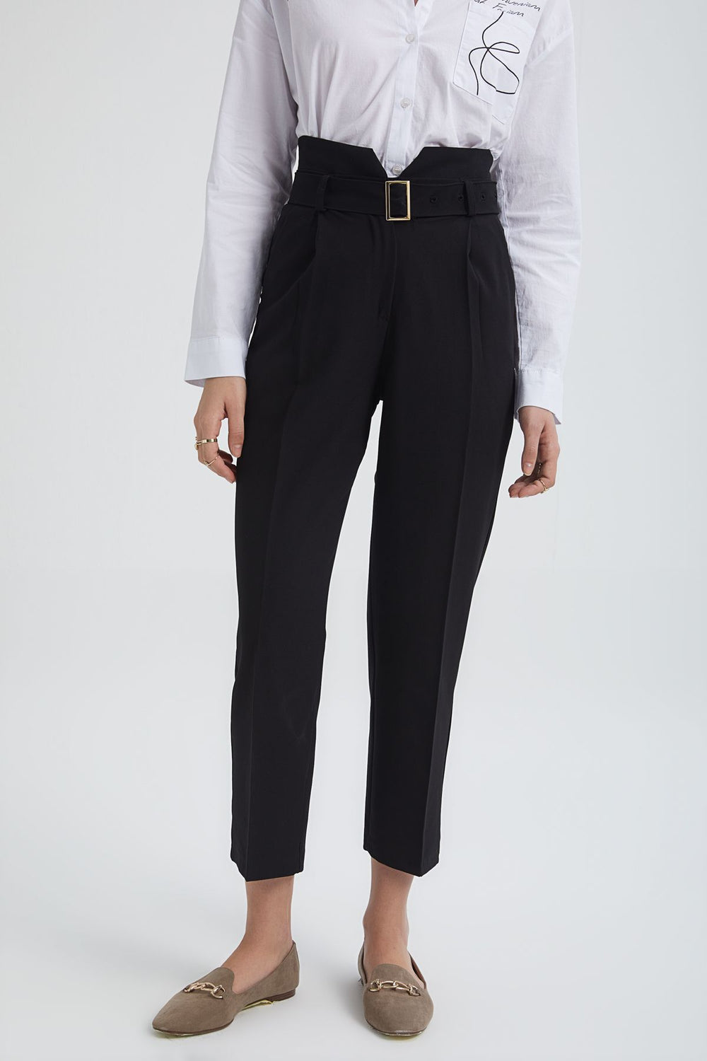 Belted High Waist Casual Trousers Black