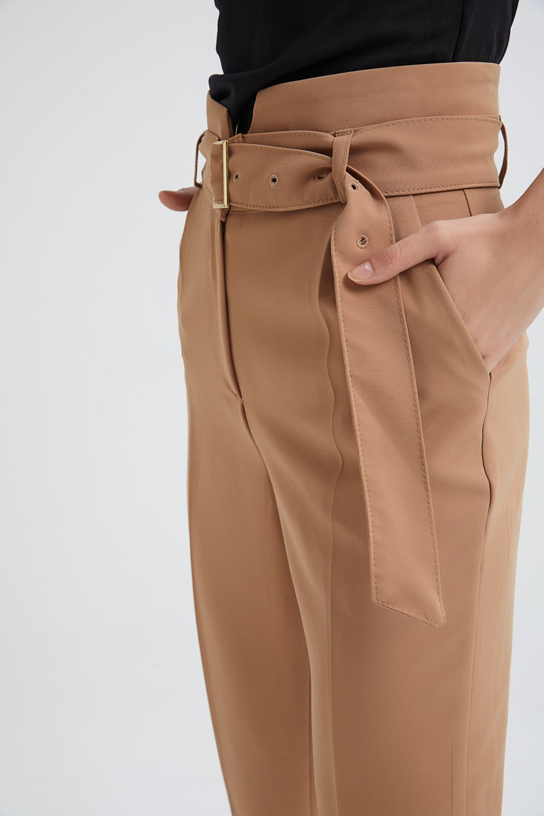 Belted High Waist Casual Trousers Camel
