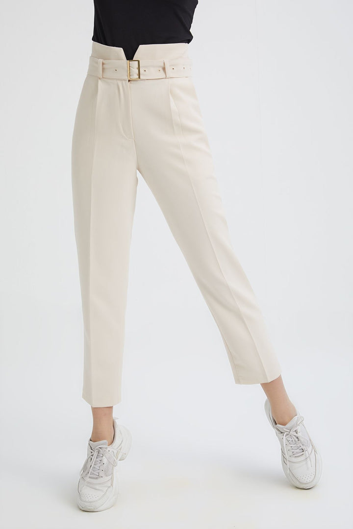 Belted High Waist Casual Trousers Bone