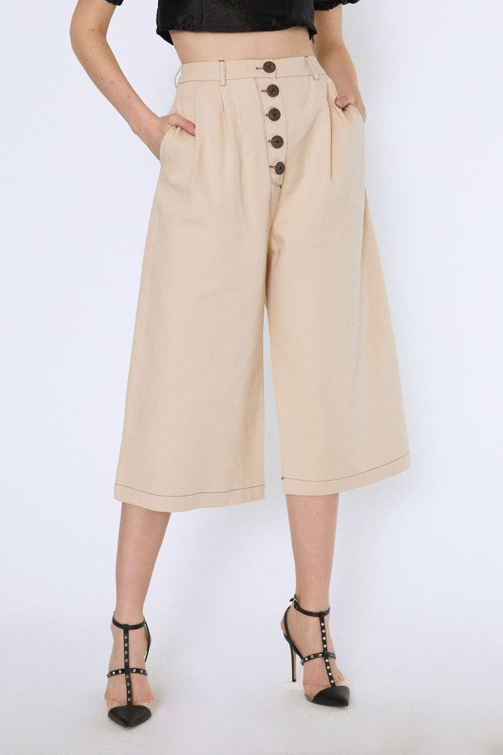 High Waist Front Buttoned Loose Trousers Bone