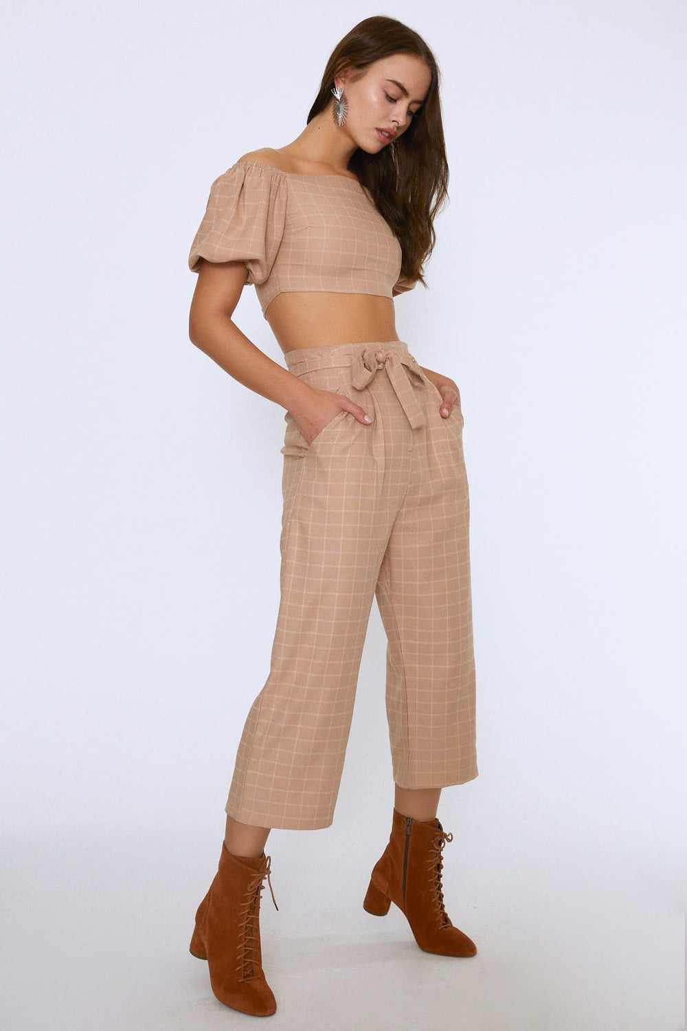 Waist Belted Wide Leg Trousers Beige