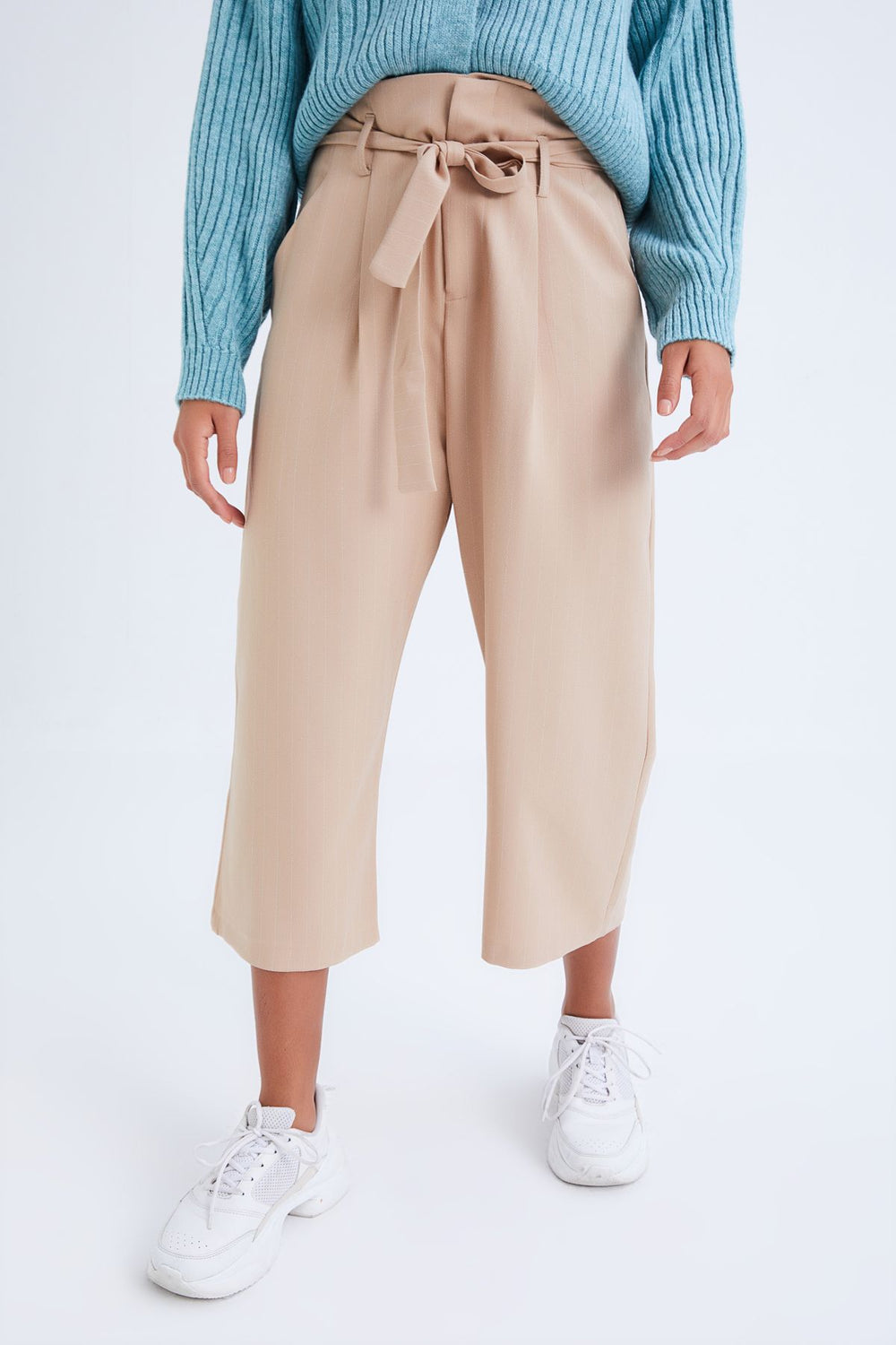 High Waist Belted Trousers Beige