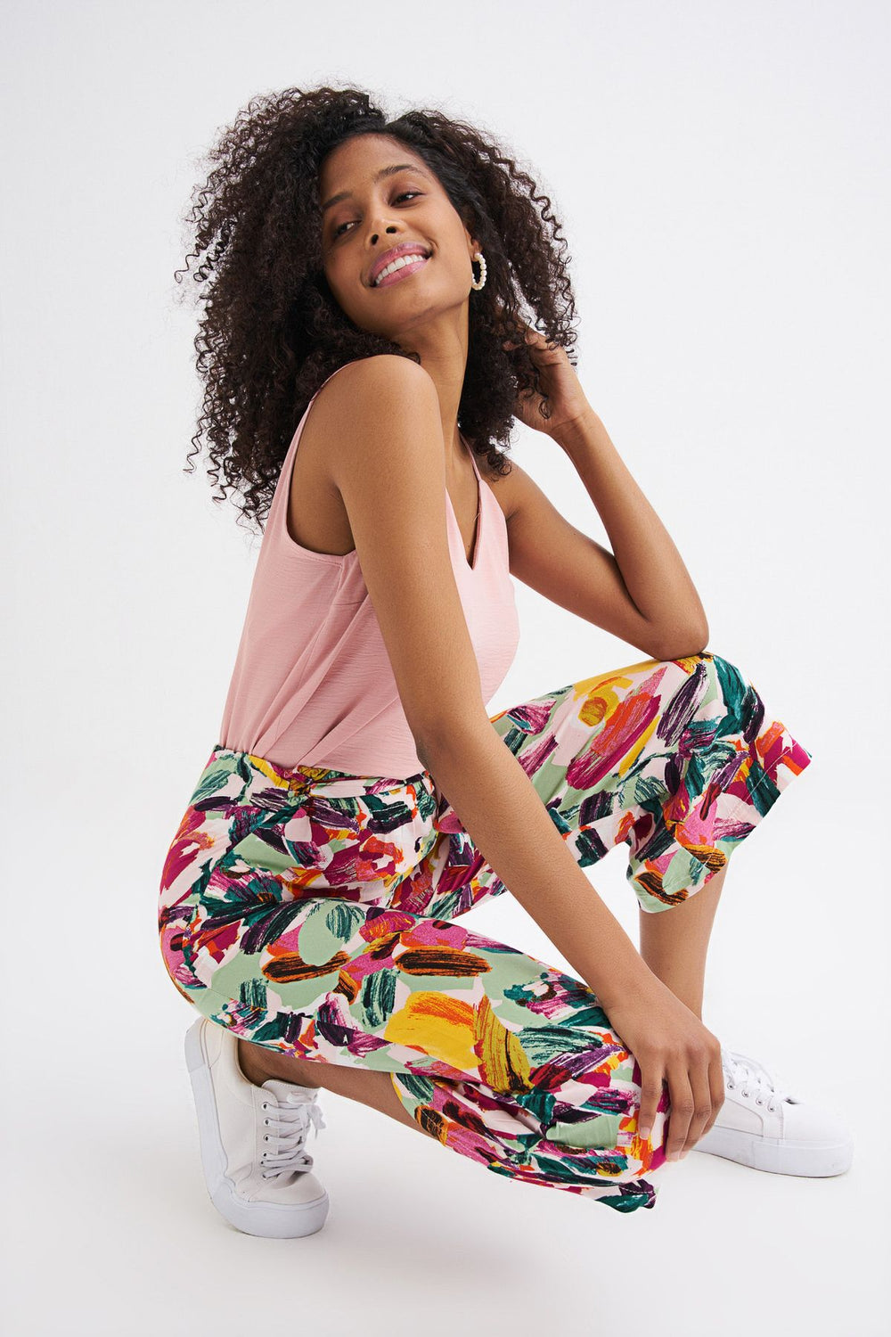 Desenli Kemer Detaylı Pantolon Fuşya