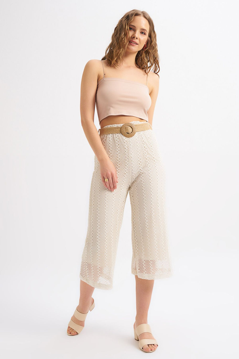 Güpür Hasır Kemerli Pantolon Ekru