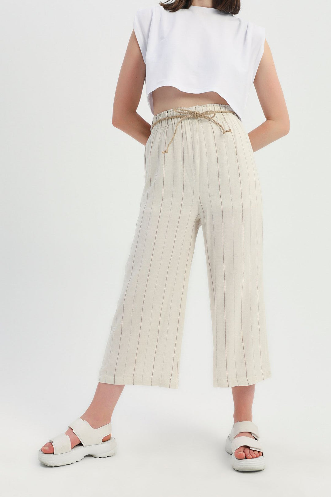 Striped Straw Rope Belt Linen Trousers Brown