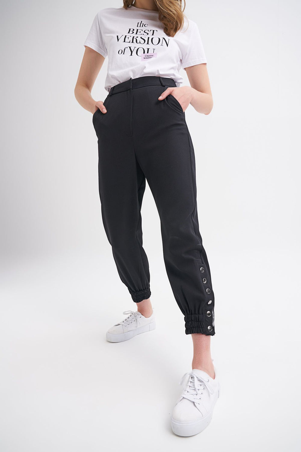 Snap Fastener Jogger Pants Black
