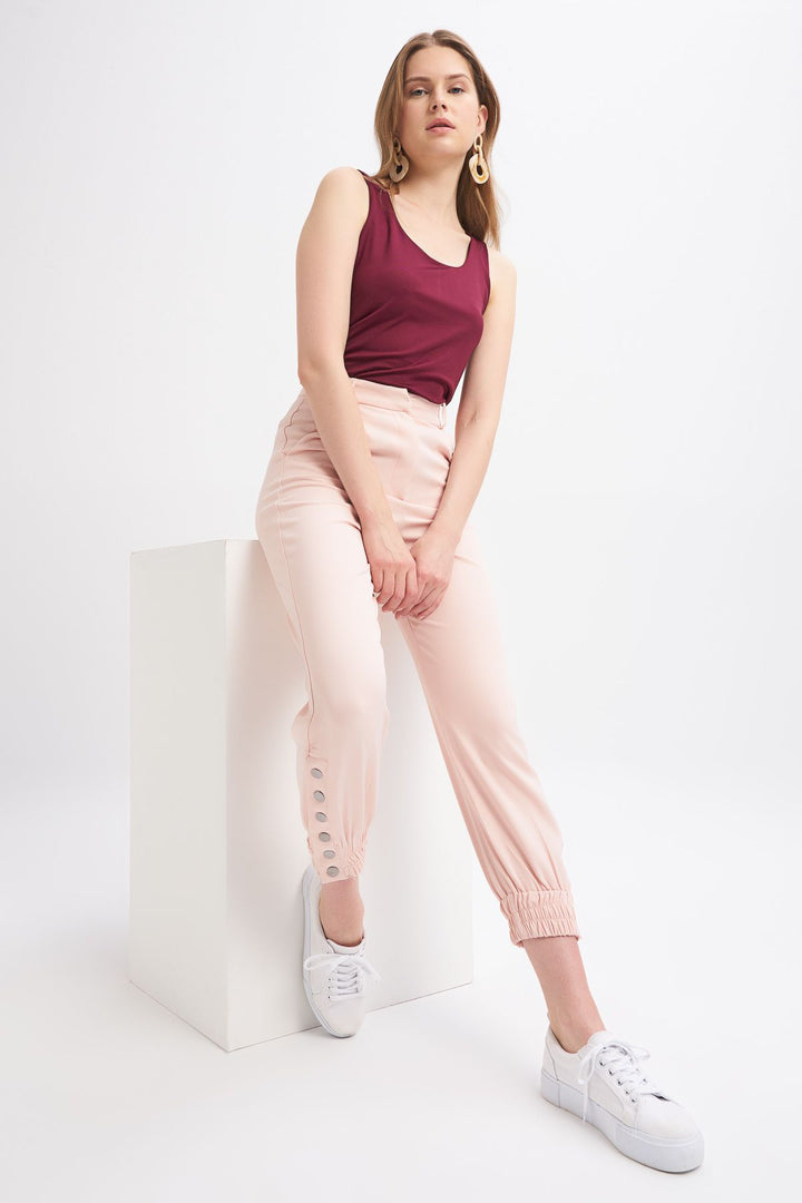 Paçası Çıtçıtlı Jogger Pantolon Pudra