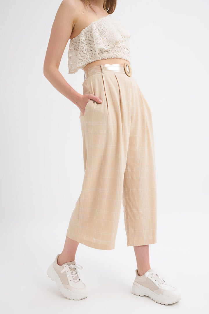 Belt Detailed Plaid Linen Trousers Beige
