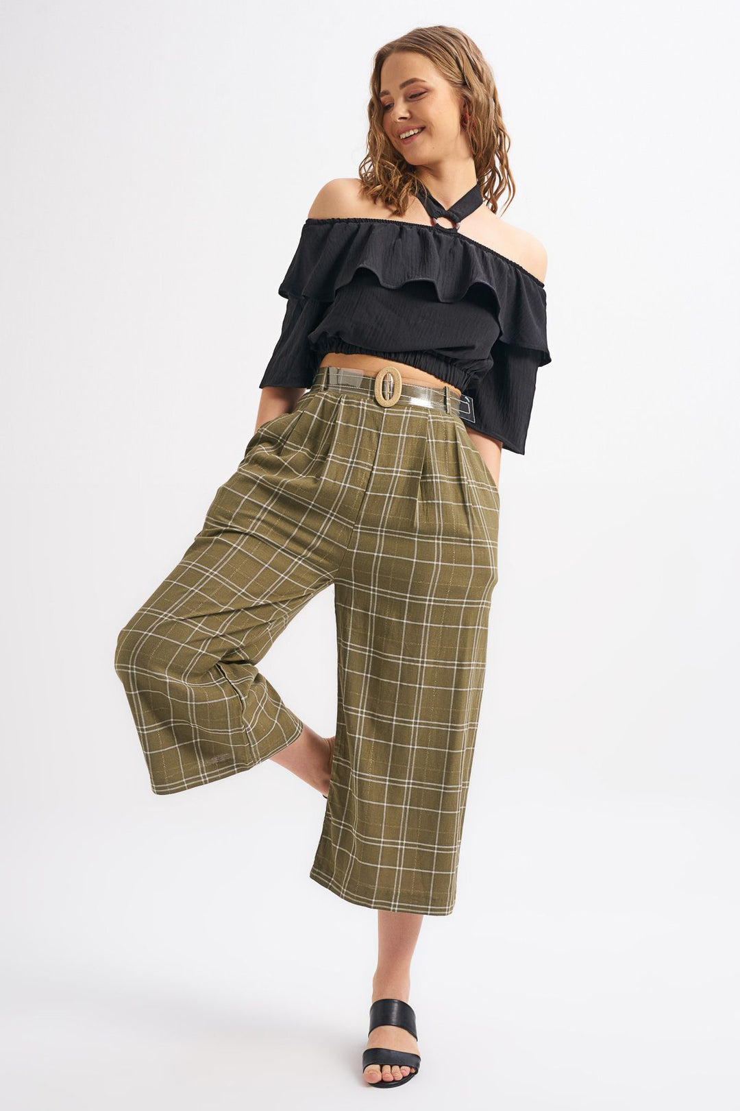 Belt Detailed Plaid Linen Trousers Khaki