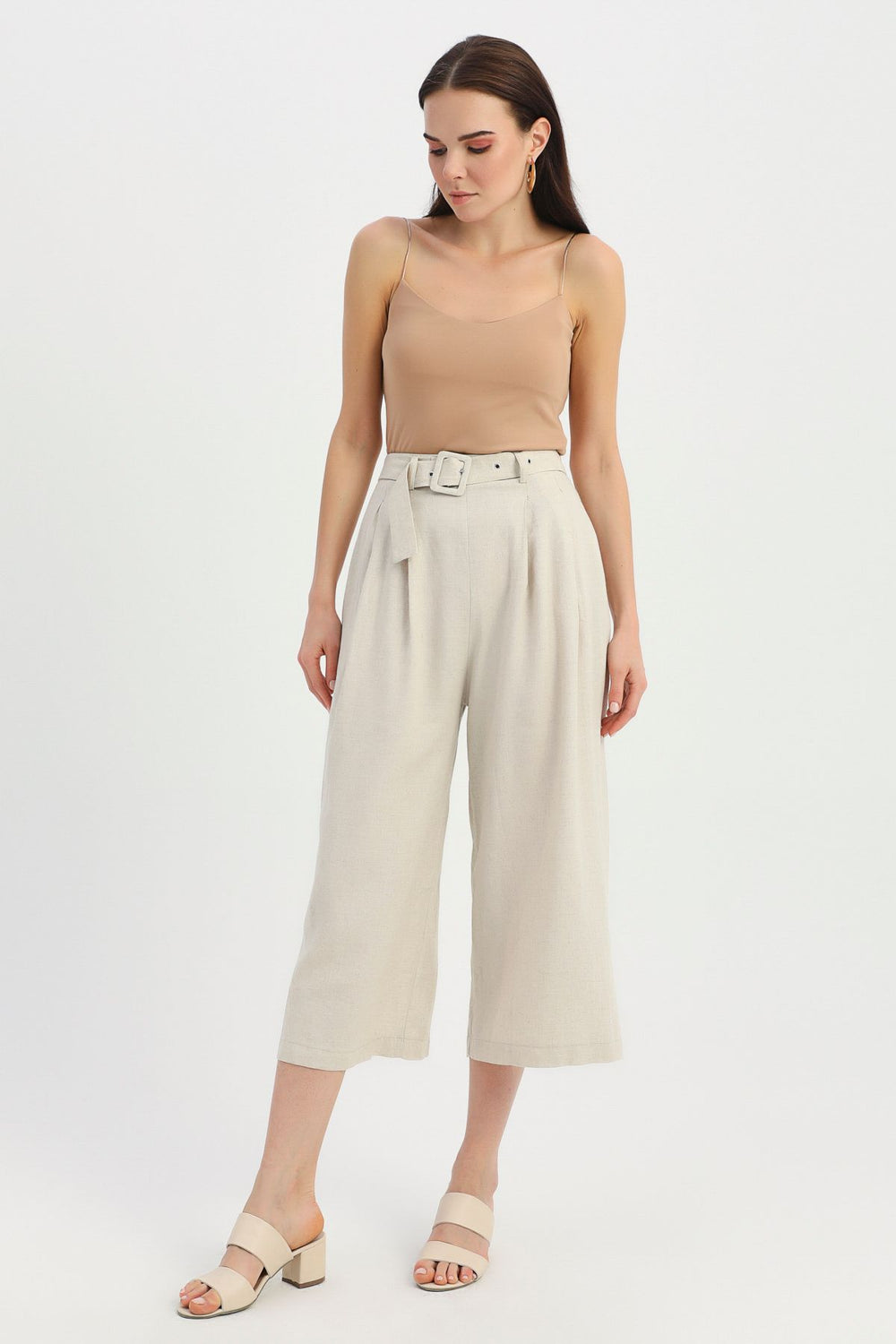 Kemerli Keten Pantolon Naturel