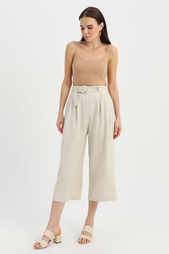 Kemerli Keten Pantolon Naturel
