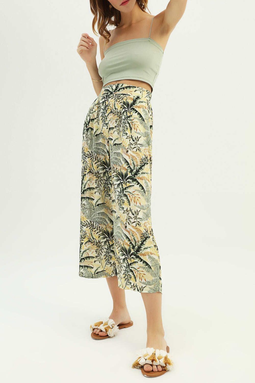 Desenli Geniş Paça Pantolon Yeşil