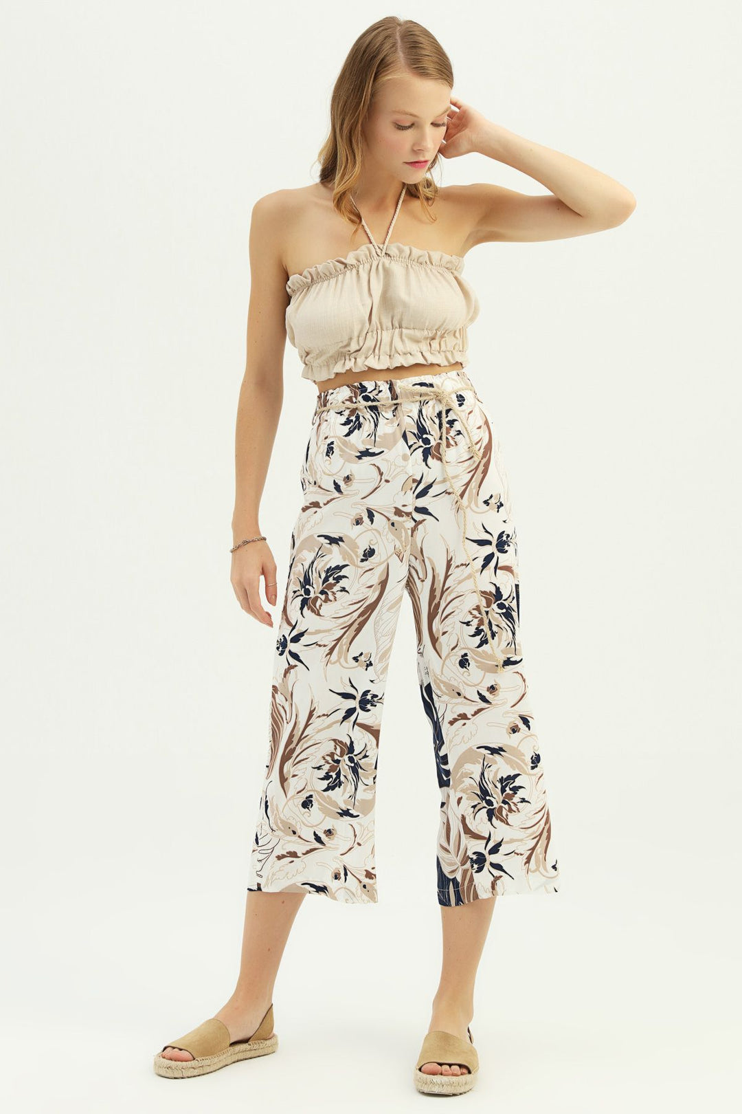 Patterned Straw Rope Belt Trousers Brown