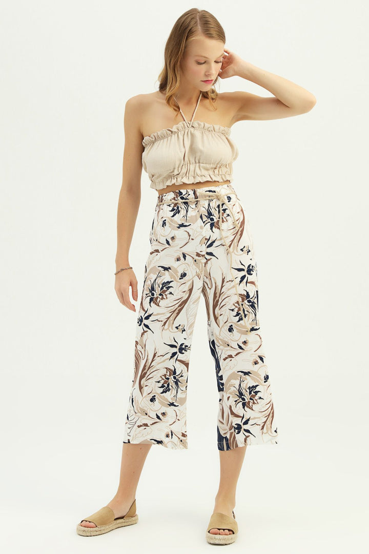 Patterned Straw Rope Belt Trousers Brown