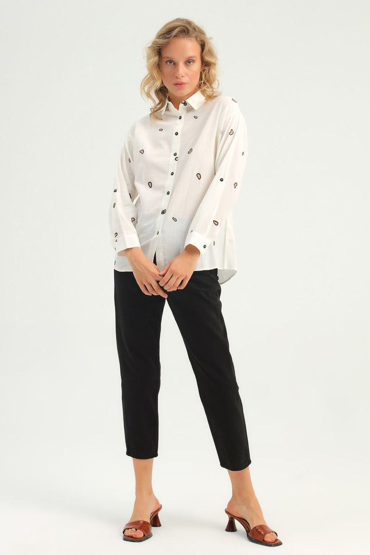 Leopard Embroidery Linen Shirt Ecru