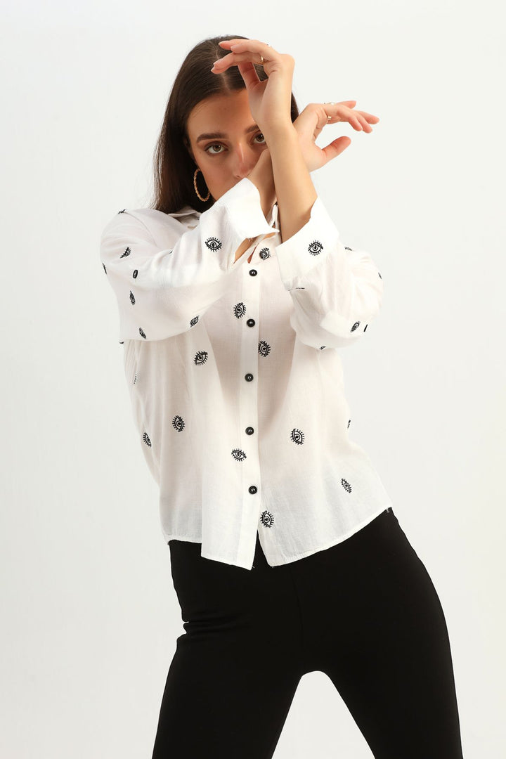 Eye Shaped Embroidered Linen Shirt Ecru