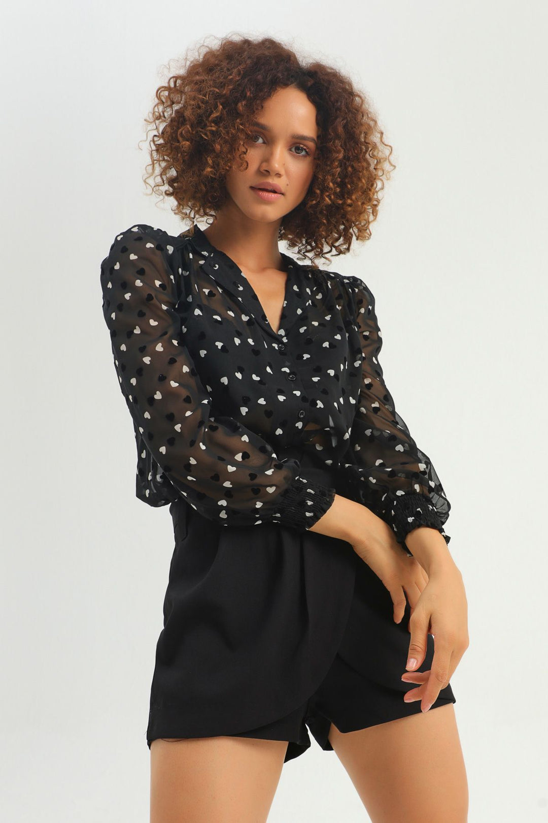 Heart Patterned Chiffon Shirt Black