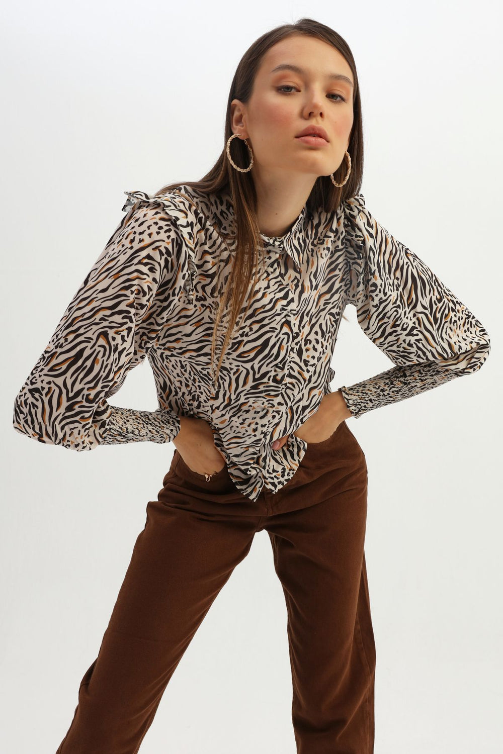 Patterned Sleeves Gipeli Shirt Beige