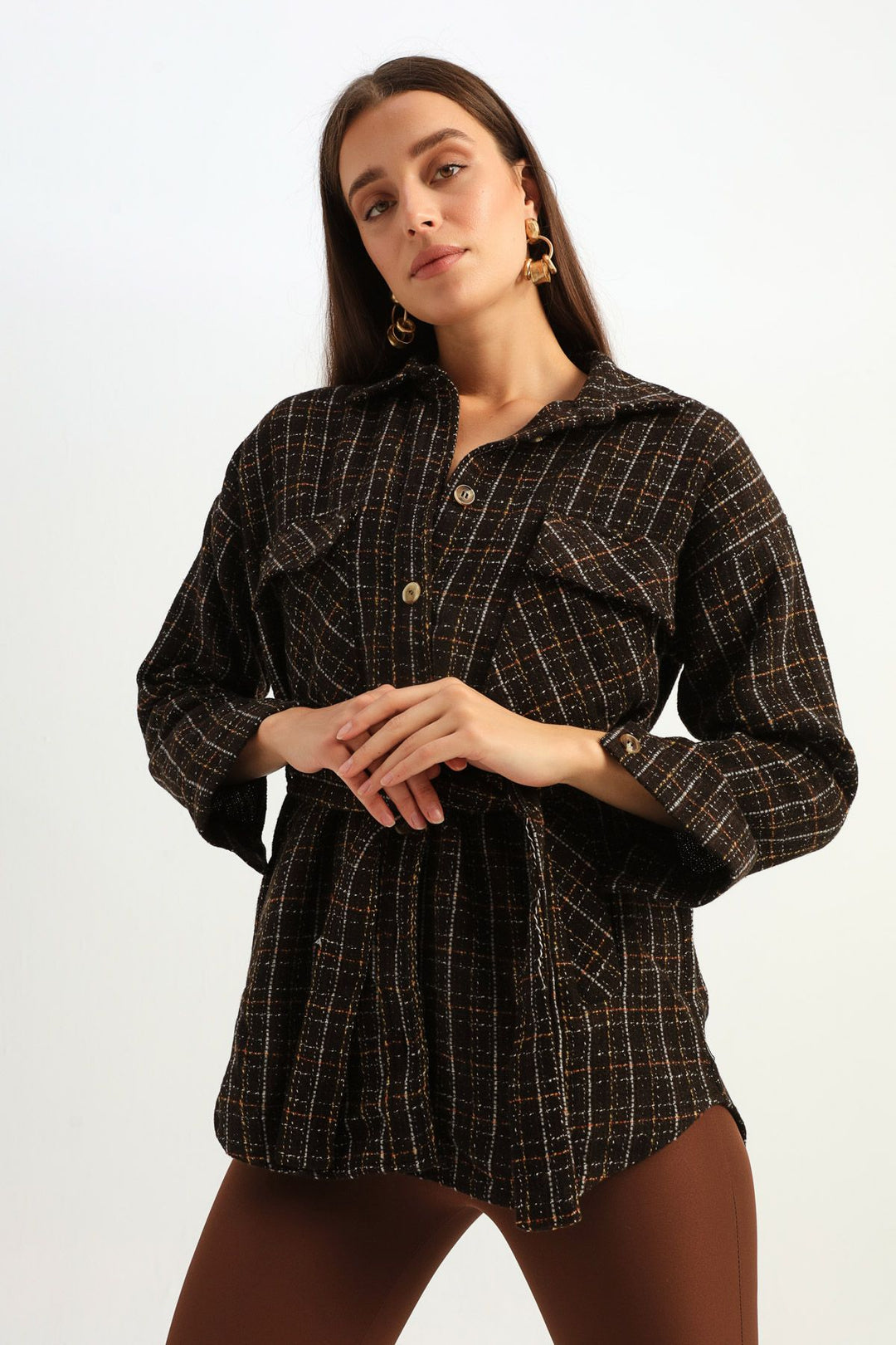 Beli Bağlamalı Tüvit Gömlek Kahverengi