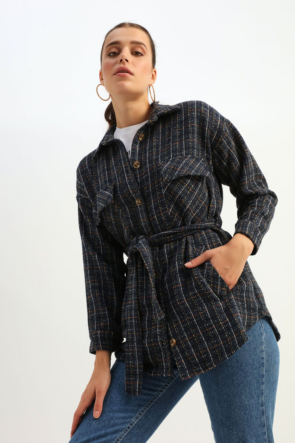 Tie Waist Tweed Shirt Indigo