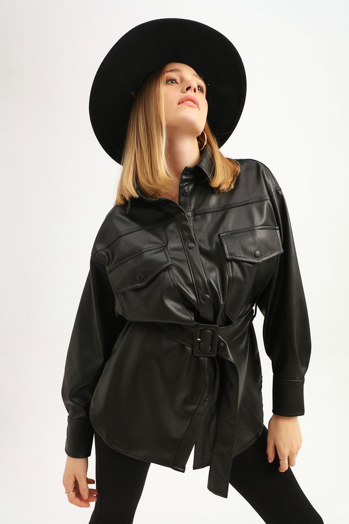 Kemerli Cepli Deri Gömlek Siyah