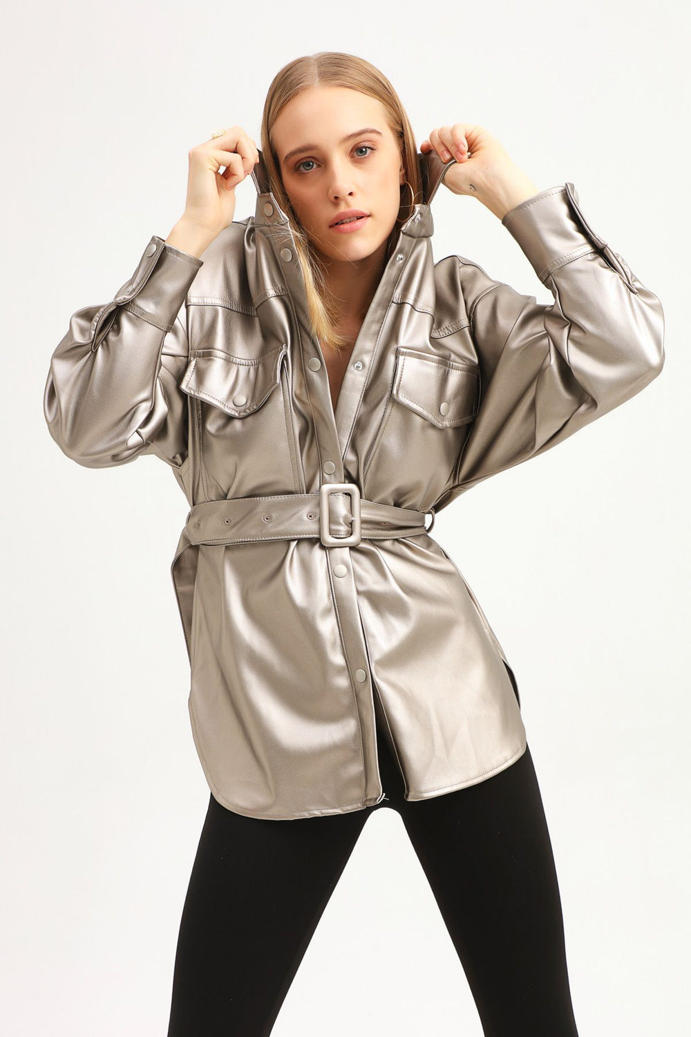 Kemerli Cepli Deri Gömlek Gri