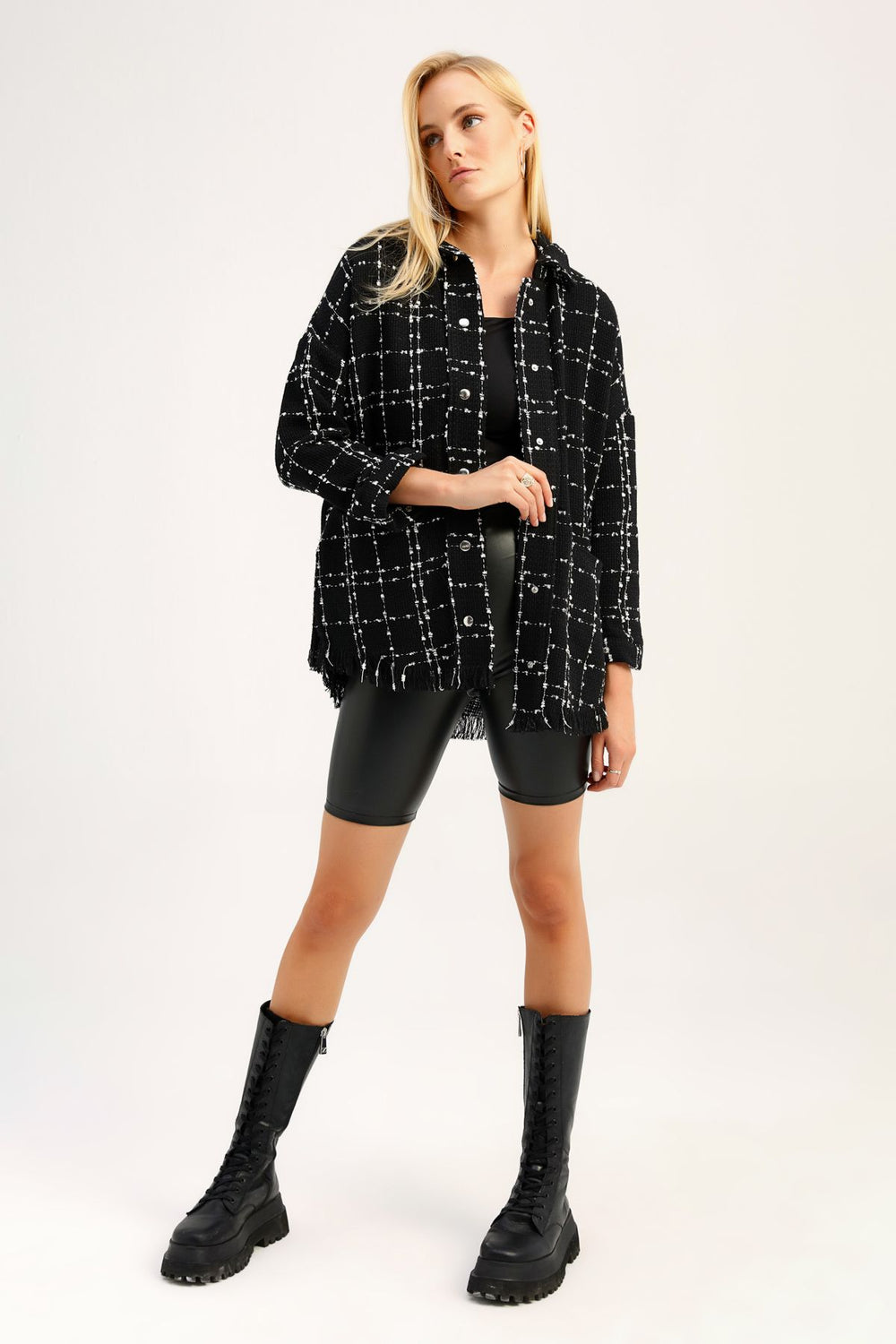 Tassel Detailed Tweed Shirt Black