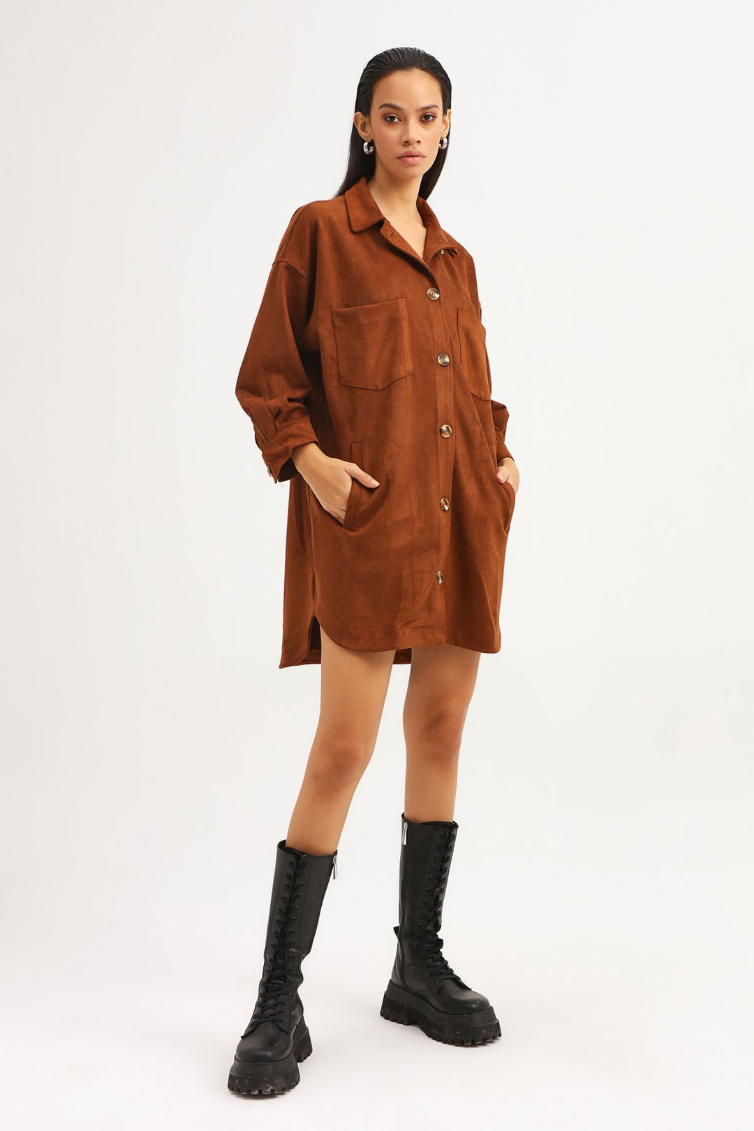 Süet Uzun Gömlek Kahverengi