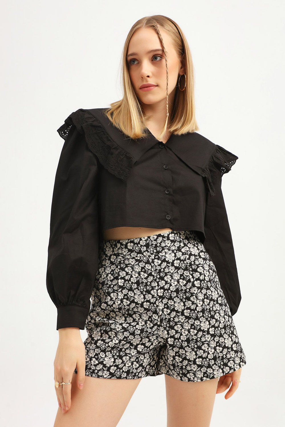 Guipure Ruffle Shirt Black