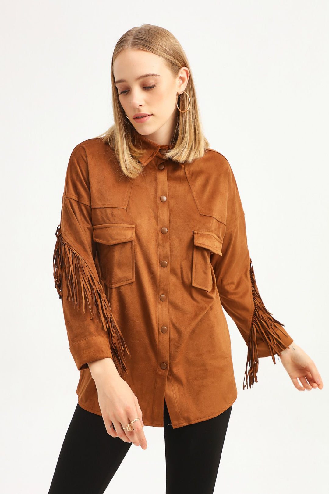 Püsküllü Süet Gömlek Taba