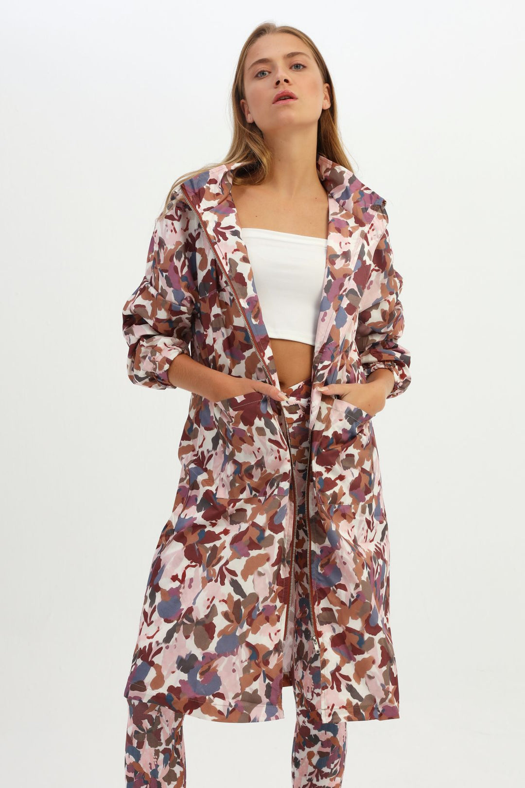 Desenli Kapüşonlu Uzun Spor Ceket Kahverengi