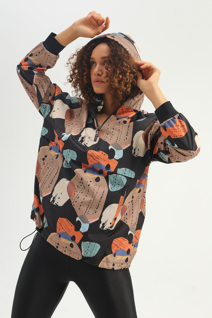 Patterned Hooded Pocket Raincoat Black