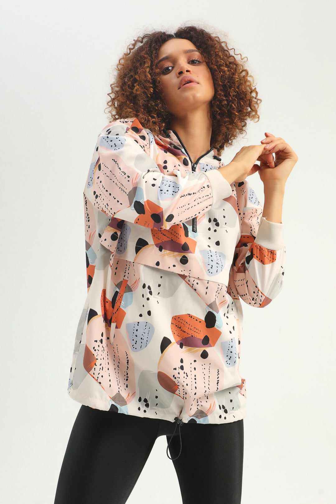 Patterned Hooded Pocketed Raincoat Ecru